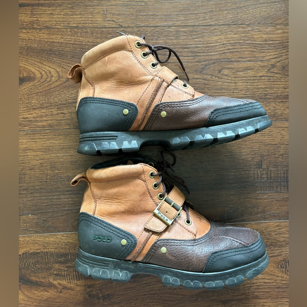 Polo Ralph Lauren Mens Brown Leather Lace-Up Zip Boots Size 10D
